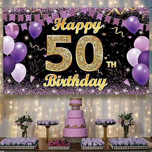 50th Birthday decoratiuni fundal Banner, fericit 50th Birthday decoratiuni pentru ea, Aur Violet 50 Birthday Party Foto fundal decor consumabile pentru Femei, Tesatura 6.1 ft x 3.6 ft Vicycaty