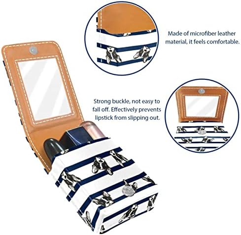Pugs Dog Blue Stripe Lipstick Case Ruj Box Holder Cu Oglindă, Portable Travel Lip Gloss Husă, Kit De Depozitare Cosmetice Din