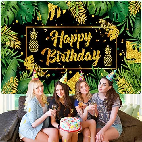 Palm Birthday Decorations Green Black Gold Tropical Party banner Decorations Hawaiian Luau Birthday Party Background frunze
