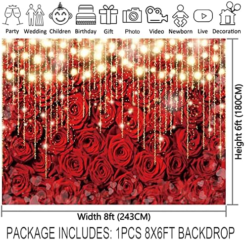 96x72inch Ziua Îndrăgostiților fundal roșu de trandafir roșu strălucire cu ciucuri romantice cu flori romantice fundal