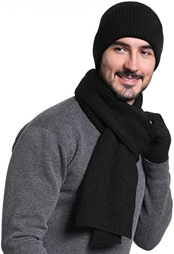 Pălărie de iarnă eșarfe și mănuși Touchscreen Set pentru bărbați Femei 3 Pack cald Tricot Beanie manseta Pălării eșarfă lungă,