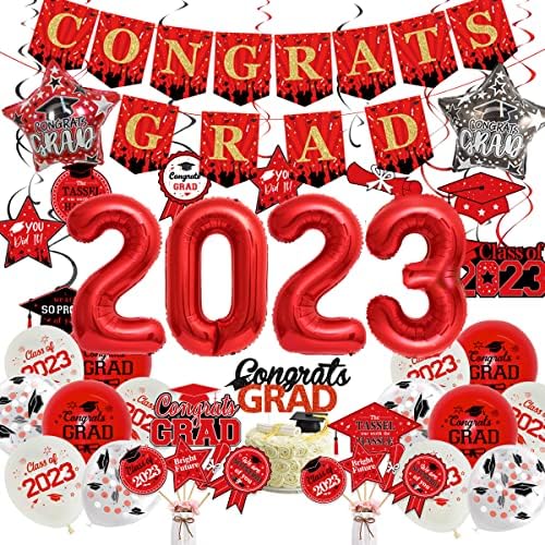 Decoratiuni de absolvire 2023 Albastru Teal, Felicitări grad Banner tort Topper, Swirls agățat de absolvire, bastoane centrale, număr 2023 baloane din folie de stele, clasa de 2023 Grads Party Supplies