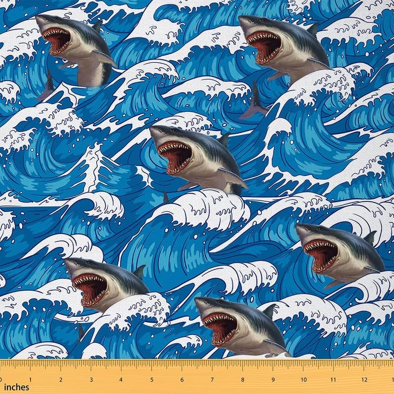 Țesătură de tapițerie rechin pentru scaune, țesătură de exterior Ocean Marine Sealife lângă curte, țesătură decorativă Japoneză Ocean Wave pentru tapițerie și proiecte de bricolaj acasă, 1 curte, gri albastru