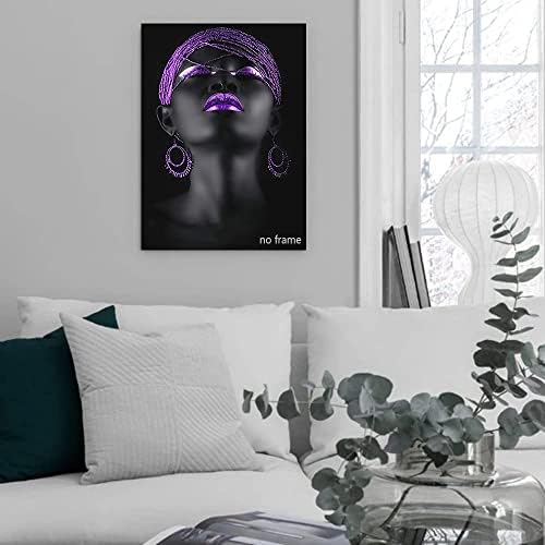 Xuxwhwy Afro -american Poster Cercei violet Colier Negru Pretty Girl Canvas imprimeuri de artă de perete pentru camera de living dormitor picturi în ulei pentru decorațiuni pentru birou 16x24 în