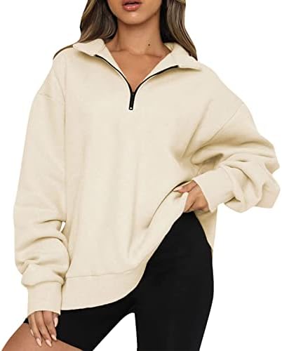 Femei Half Zip pulover supradimensionat cu mânecă lungă sfert de zip preppy hanorac